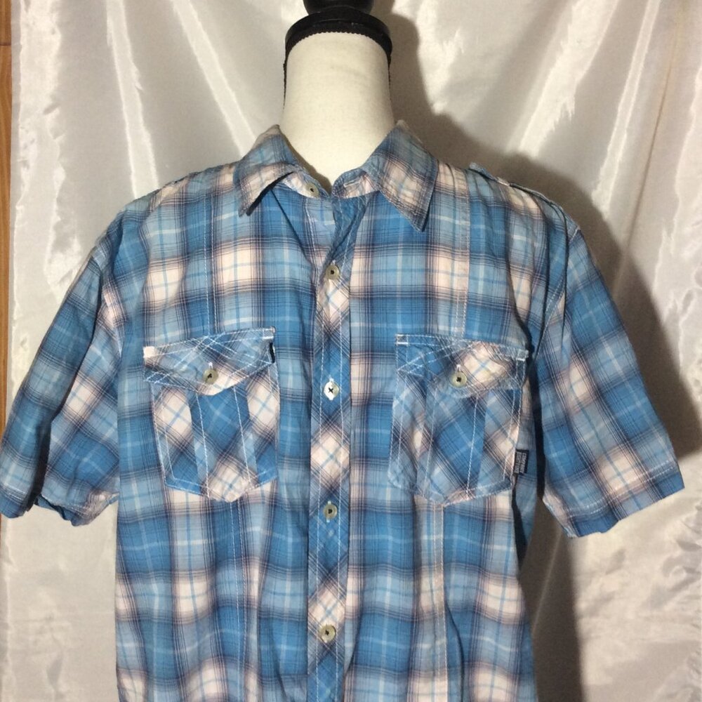 Company 81 Men L Western Style Plaid Blue Button Up Short Sleeve